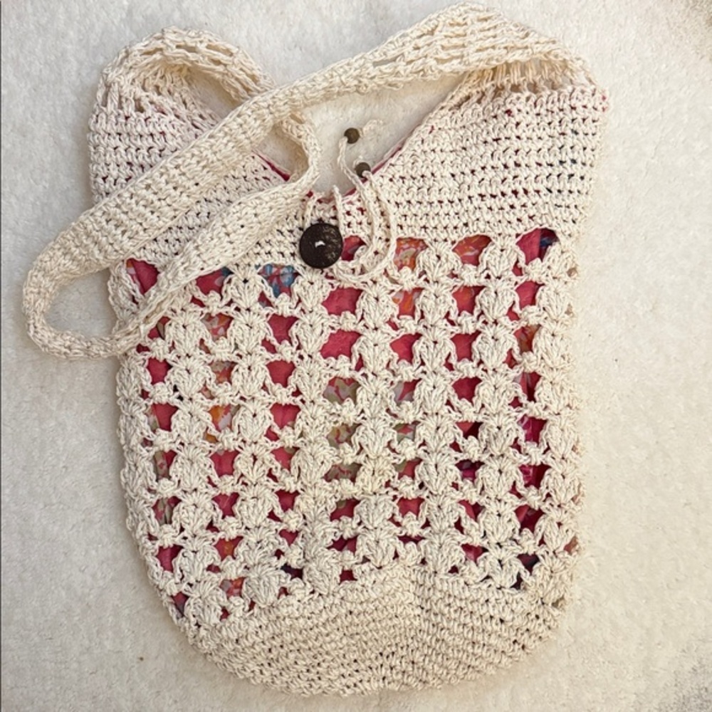 Crochet Lace Market Tote Boho Cream Knit Shoulder Bag Floral Lined NWOT - Picture 2 of 6